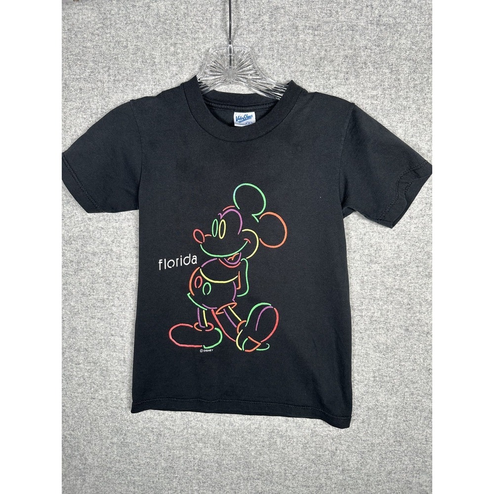 Vintage‎ Mickey Mouse Kids Shirt Florida Velva Sheen Black Neon Small 6-8 USA